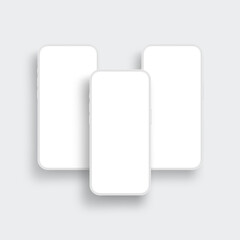 Clay Smartphones Mockups With Blank Screens. White Mobile Phones With Shadows. Vector Illustration