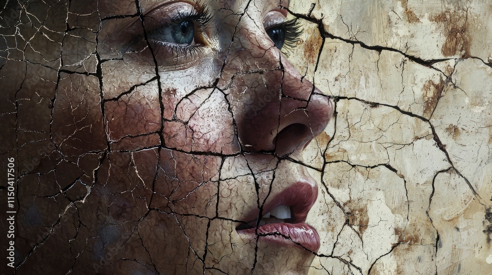 Poster cracked surface of skin reflecting fragility intimate portrait studio setting close-up emotional res