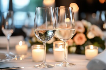 Elegant restaurant setting with white wine glasses and soft candlelight ambiance in the evening
