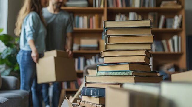 Couple moving books and boxes in a cozy home library setting during the day