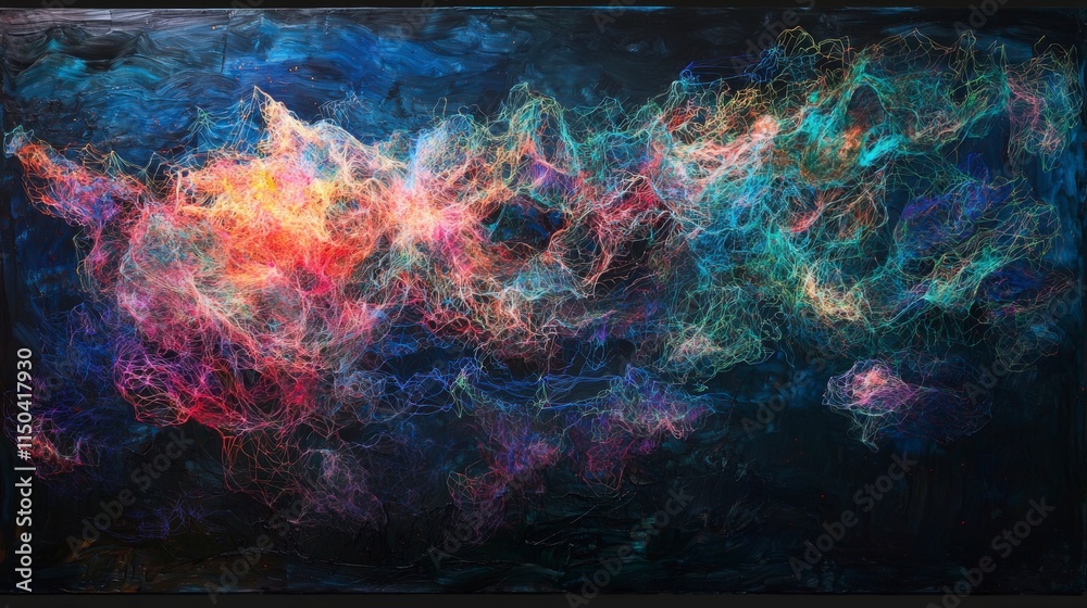 Poster Neural network art installation abstract gallery digital artwork modern environment wide-angle view innovation