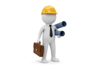 A 3D illustration of a simple humanoid figure wearing a construction helmet and formal attire