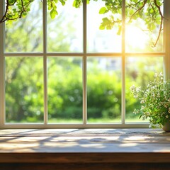 Sunlight streaming through a window onto a wooden table in a green garden setting