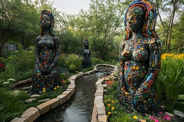 Whimsical Recycled Sculpture Garden Surrounded by Lush Greenery - Generative AI
