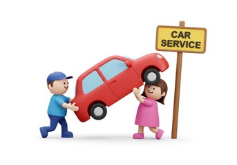 Obraz premium A 3D illustration of two simple humanoid figures lifting a small red car body toward a signpost labeled CAR SERVICE