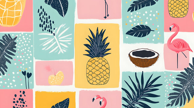 A playful tropical patchwork pattern featuring cartoonish pineapples coconuts and flamingos on bright pastel panels.