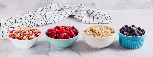 Assorted frozen red, white and black berries in bowls on table web banner