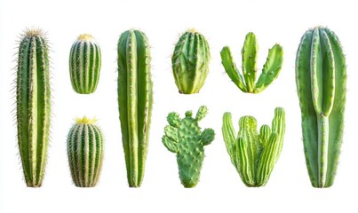 Various Cactus Types on White Background
