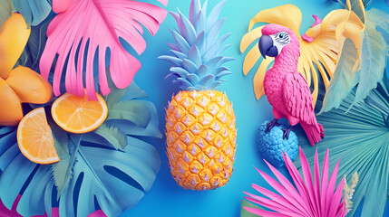 Naklejka premium A playful tropical patchwork with cartoon pineapples parrots and oversized palm leaves in cheerful pastel and neon shades.