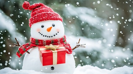Fototapeta premium A charming Christmas snowman with a red scarf and hat, holding a red gift box, standing on a gently sloping snowy hill. 