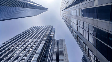 Low Angle View of Modern Buildings Towering Urban Architecture Against the Sky, Symbolizing Innovation and City Life