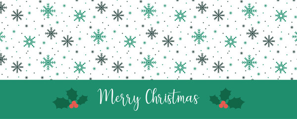 Seamless pattern of green and white snowflakes in various different shapes and text on white backgrround for Chistmas banner, New Year, posters, greeting cards, packaging, wrapping papers