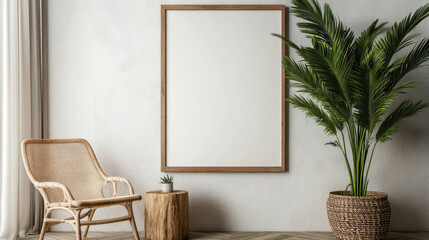 "Stylish living room interior design featuring a wooden retro commode, a cozy chair, a tropical plant in a rattan pot, a woven basket, and elegant personal accessories. A mock-up poster frame hangs 