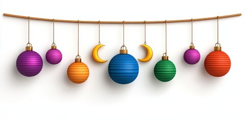 A photostock of a vibrant garland with colorful ornaments, hanging gold lanterns, and crescent moons, arranged elegantly on a bright white background. High Quality