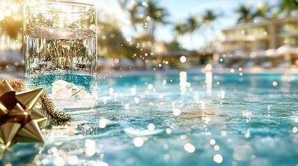 Celebrating new year with a refreshing drink by the pool tropical resort high-quality photography sunny environment close-up view