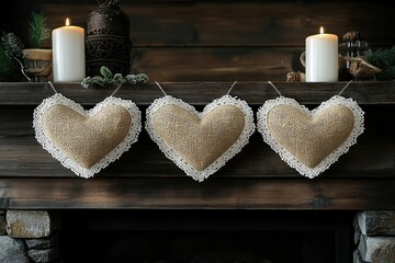 Rustic Valentine Hearts Hanging on Wooden Mantel with Lit Candles, Cozy Winter Decor, Valentine Concept