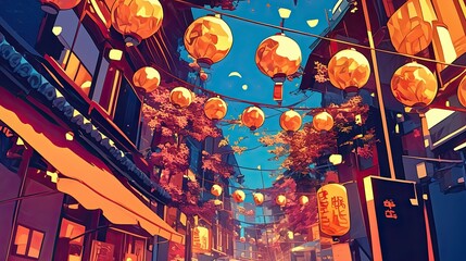 Obraz premium Vibrant Asian Street Scene with Hanging Lanterns and Autumn Foliage, Anime Style Illustration