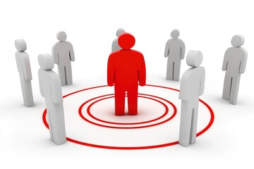 people standing in a circle, one person is red in the middle on white background