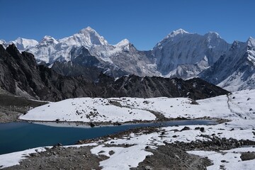 Fototapeta premium Stunning panorama around Kongma La Pass 5535 m with Makalu, Baruntse and Chhukhung Glacier, trekking from Dingboche to Lobuche through the pass. Everest Base Camp trek. Himalayas, Nepal