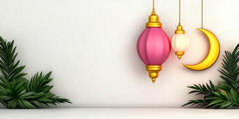 A photostock of an ornate garland featuring gold and pink lanterns, crescent moons, and soft fairy lights, glowing against a pastel cream wall. High Quality