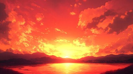 Fototapeta premium A fiery dusk sky with shades of scarlet and burgundy blending into the fading sunlight.