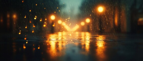 Rainy night street with glowing lights reflecting on wet asphalt.