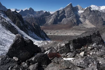 Panorama from Kongma La Pass  5535 m to Lobuche Mount, Cho Oyu Mount, Khumbu Glacier and Lobuche village. Everest Base Camp, Himalayas, Sagarmatha National Park, Nepal 