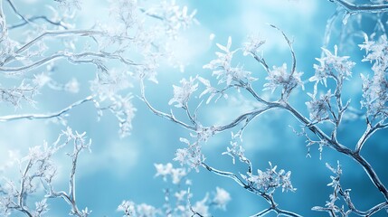 A close-up of frost-covered branches glistening in the sunlight against a background of soft blue sky.