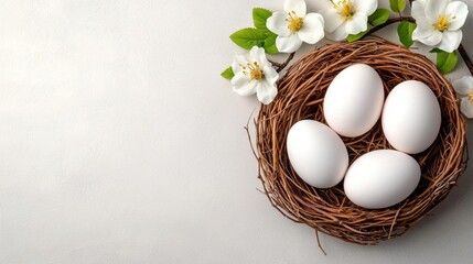 A photostock of delicate bird eggs resting in a natural nest surrounded by spring blooms on a soft, textured background. High Quality