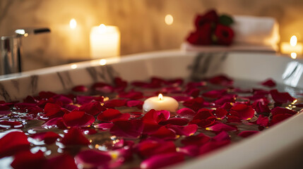 rose petals floating in bathtub, candles, romance, valentines day
