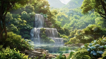 Tranquil landscape with a picturesque waterfall and lush greenery --ar 25:14 --v 6 Job ID:...