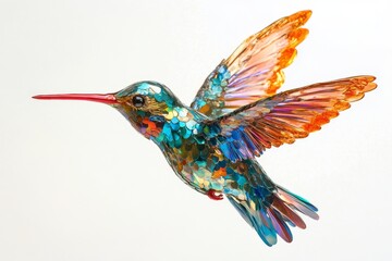 Hummingbird in mid-flight showcasing vibrant feathers against dark background