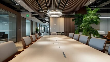 Contemporary conference room with a long white table, brown and gray chairs, lush green plants, and a modern chandelier, creating a sophisticated and professional atmosphere