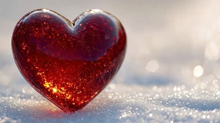Fototapeta premium Glittering red heart on snow, symbolizing love, romance, passion, perfect for Valentine's Day theme, serene winter background concept