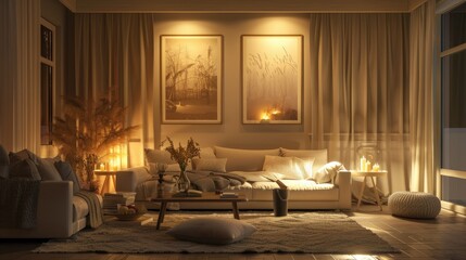 3D rendering of cozy living room with neutral decor and warm lighting
