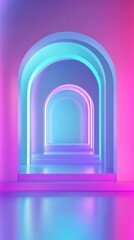 Colorful Abstract Arches Creating a Glowing Corridor in Vibrant Shades of Blue and Pink With a Futuristic Ambiance