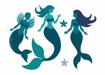 Magical Mermaid Silhouette Vector: Swimming Mermaids, Tails, Shells, and Starfish for Creative Designs.