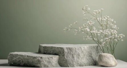 Natural stone with delicate flowers on display in soft lighting for artistic composition