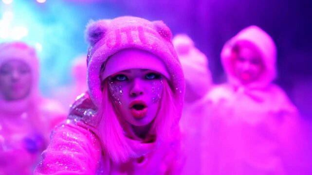 Happy ravers dance in colorful outfits at an underground psychedelic party in the vibrant glow of pulsating lights and energetic atmosphere