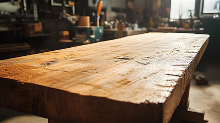 A robust cedar work table with visible tool marks captured in a workshop setting from a close side perspective.
