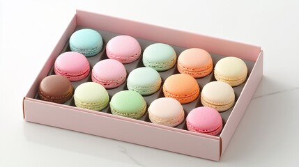 Pastel macarons in pink gift box.