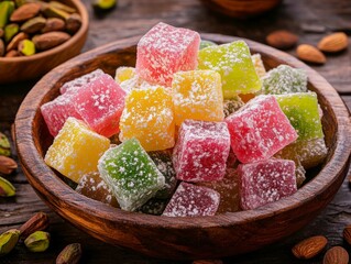 Colorful Turkish Delight in Wooden Bowl
