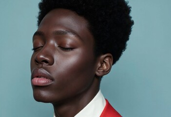 Obraz premium Tranquil Serenity: A close-up portrait of a young black man with his eyes closed, showcasing a sense of calmness and inner peace. The soft lighting and muted background create a serene atmosphere.