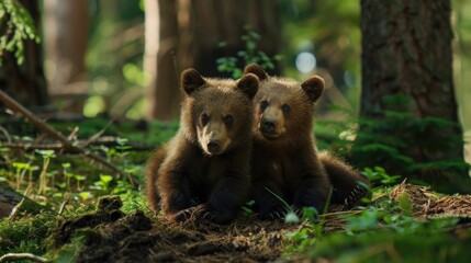 Two little brown bear cub are resting on the edge of the forest --ar 25:14 --v 6 Job ID: 8290af32-87a5-4bd3-9462-375920056ad7