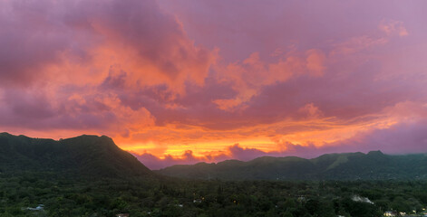 Aerial view of the small village of Anton Valley Panama at sunset with a beautiful  and colorful sky.