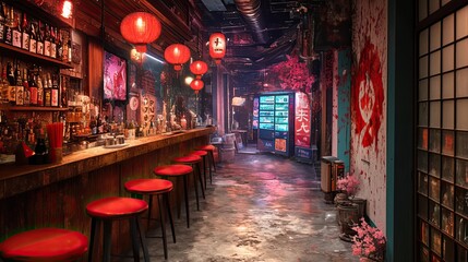 Asian-Themed Bar, Red Lanterns Illuminate a Mysterious Back Alley, with Stools and Drinks.