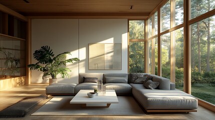 Sunlit minimalist living room with forest view.