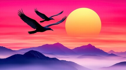 Naklejka premium A photostock of misty mountain ranges bathed in soft pink and orange light during sunrise, evoking serenity and grandeur. High Quality