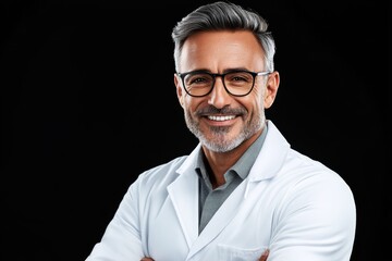 Obraz premium Professional male doctor with glasses in uniform - Medium shot isolated on transparent background, perfect for healthcare designs