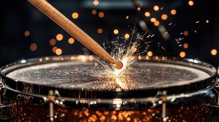 Drumming sparks fly during an energetic performance in a lively musical setting